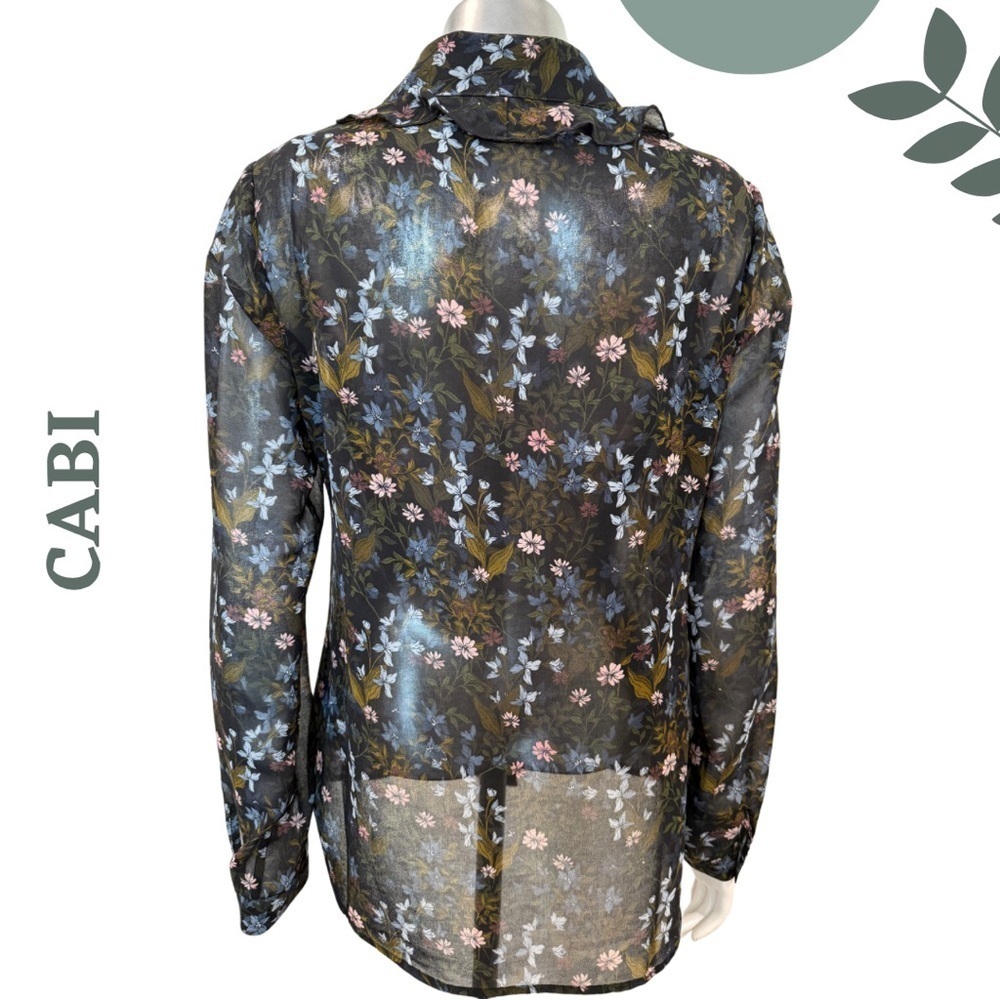Cabi Women’s Sheer Floral Button-Down Floret Blouse Ruffle Collar  – Size Small - Picture 4 of 6